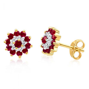 9ct Yellow Gold Natural Ruby and Diamond Flower Cluster Stud Earrings