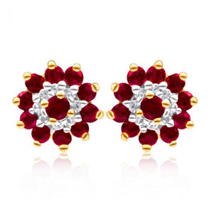 9ct Yellow Gold Natural Ruby and Diamond Flower Cluster Stud Earrings