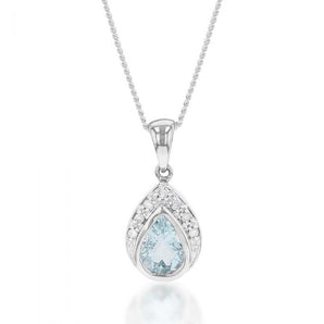 9ct White Gold Aquamarine + 7 Diamond Pendant