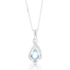 9ct White Gold Pear Shaped Aquamarine + Diamond Pendant