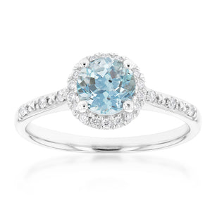 9ct White Gold 6mm Aquamarine and Diamond Halo Ring