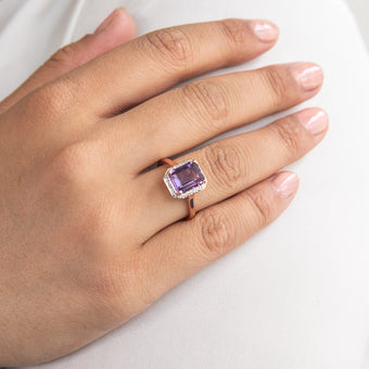 9ct Rose Gold Amethyst and Diamond Emerald Cut Ring