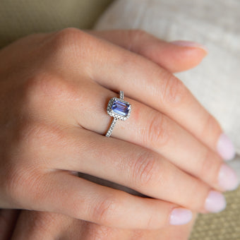 9ct White Gold Tanzanite and Diamond Emerald Cut Ring