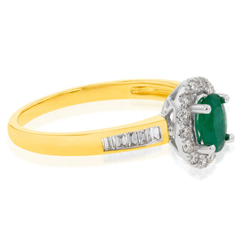 9ct Yellow Gold Natural Emerald and Diamond Oval Halo Ring