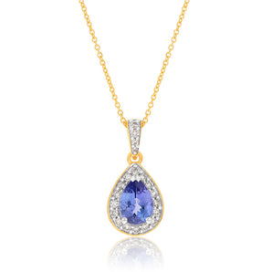 9ct Yellow Gold 0.75ct Tanzanite and Diamond Pear Pendant on Chain