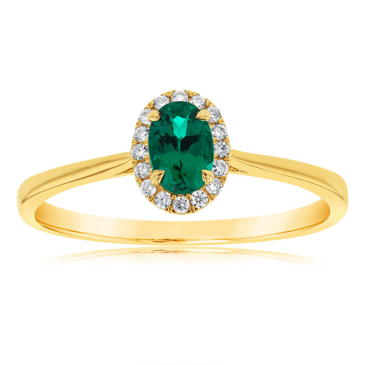 9ct Yellow Gold Created Oval Emerald And Diamond Halo Ring