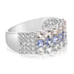 Aquamarine, Morganite, Tanzanite & White Zirconia Ring Set in Silver