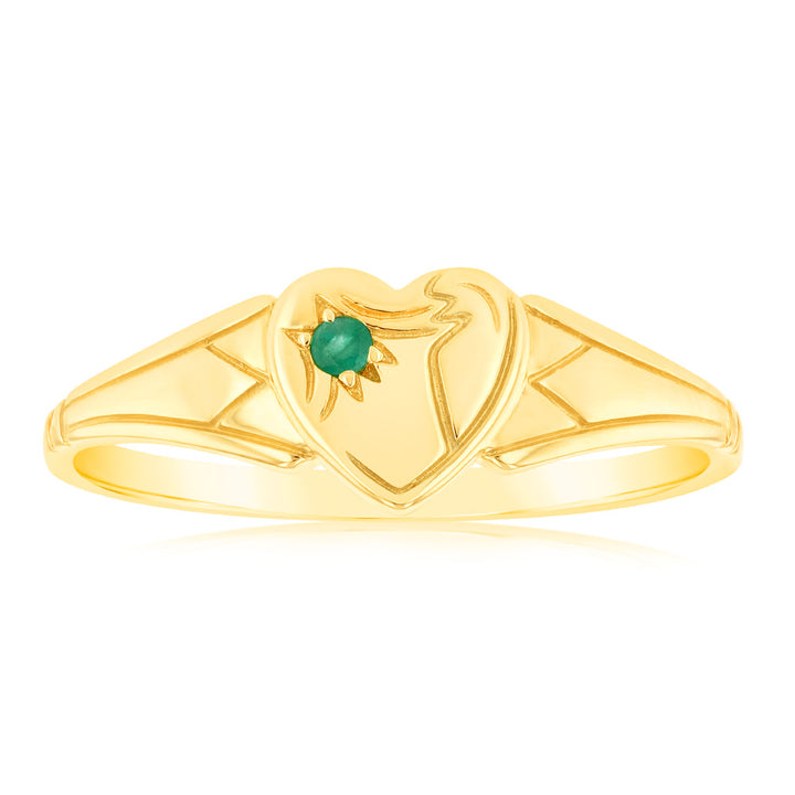 Natural Emerald Heart Signet Ring in 9ct Yellow Gold