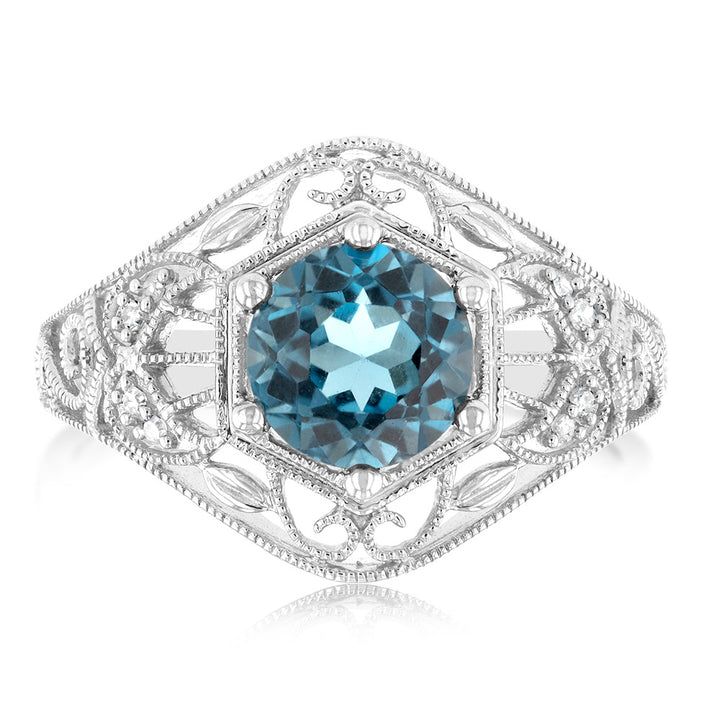 1.5Ct London Blue Topaz Ring with 8 Diamonds in Sterling Silver