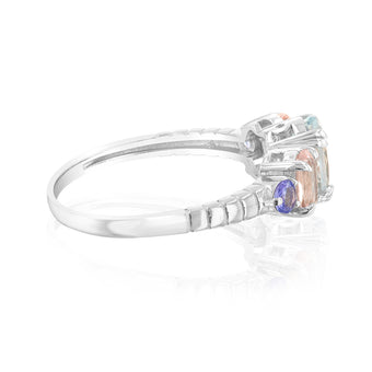 Sterling Silver 2.25Cts Aquamarine, 2 Morganite & 2 Tanzanite Stone Fancy Ring