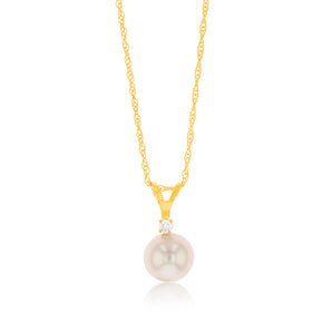 10ct Yellow Gold 7-8MM Fresh Water Pearl with Diamond Pendant