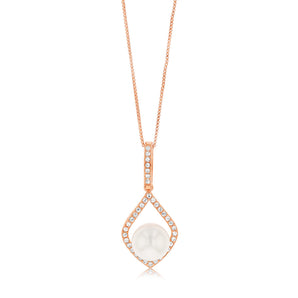 8-9mm Fresh Water Pearl + Created Sapphire Pendant on 45cm chain Silver Rose Gold
