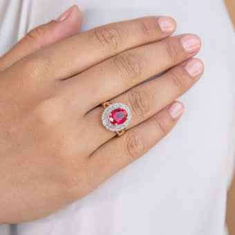 9ct Yellow Gold 8x10mm Created Ruby + Diamond Halo Ring