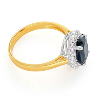 9ct Yellow Gold Diamond + Natural Black Sapphire Ring