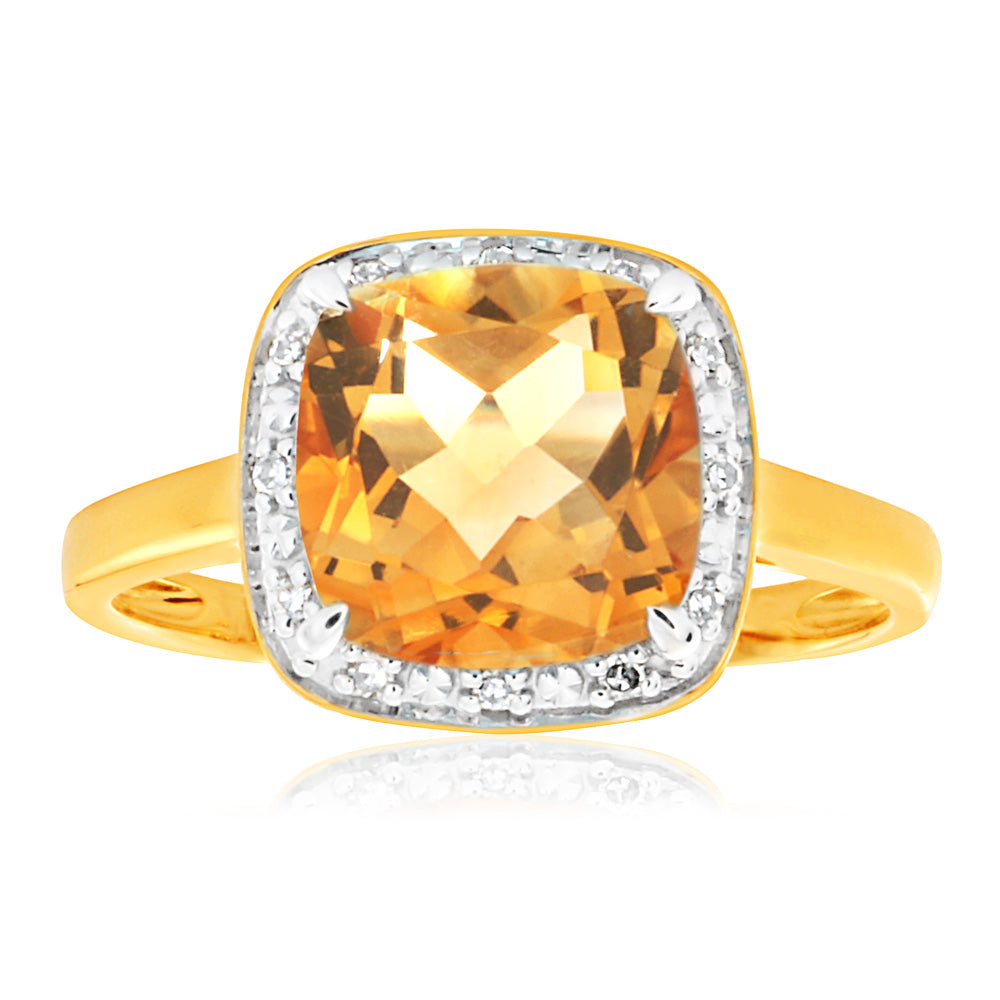 9ct Yellow Gold 2.00 Carat Citrine and Diamond Ring