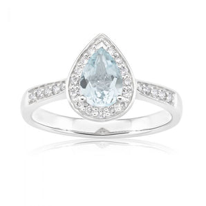 9ct White Gold Pear Cut Aquamarine + Diamond Ring