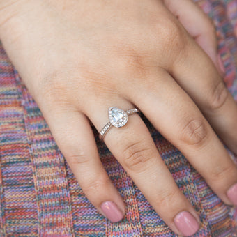 9ct White Gold Pear Cut Aquamarine + Diamond Ring