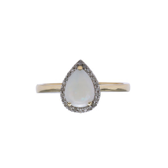 9ct Yellow Gold Natural White Solid Opal & Diamond Pear Shape Ring