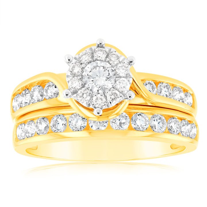 9ct Yellow Gold & White Gold 2 Ring Bridal Set with 1 Carat Of Diamonds