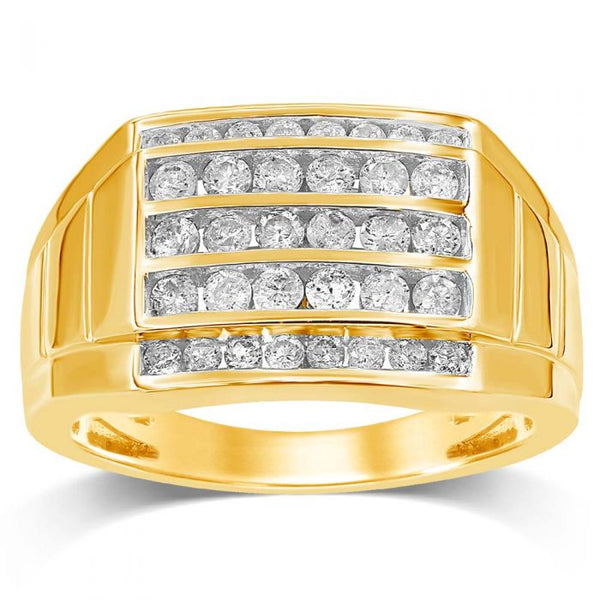 9ct Yellow Gold 1 Carat 5 Row Channel Set Diamond Mens Ring