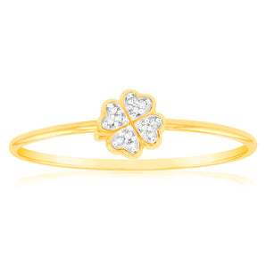 9ct Yellow Gold Diamond 4 Leaf Clover Ring with 12 Brilliant Diamonds