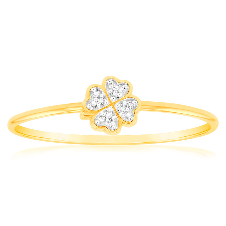 9ct Yellow Gold Diamond 4 Leaf Clover Ring with 12 Brilliant Diamonds