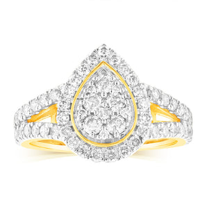 9ct Yellow Gold 1 Carat Diamond Pear Shape Cluster Split Shank Ring