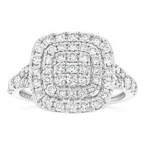 9ct White Gold 1 Carat Diamond Cushion Shape Cluster  Ring