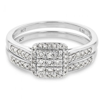 Diamond Halo Wedding Ring Set in 9ct White Gold