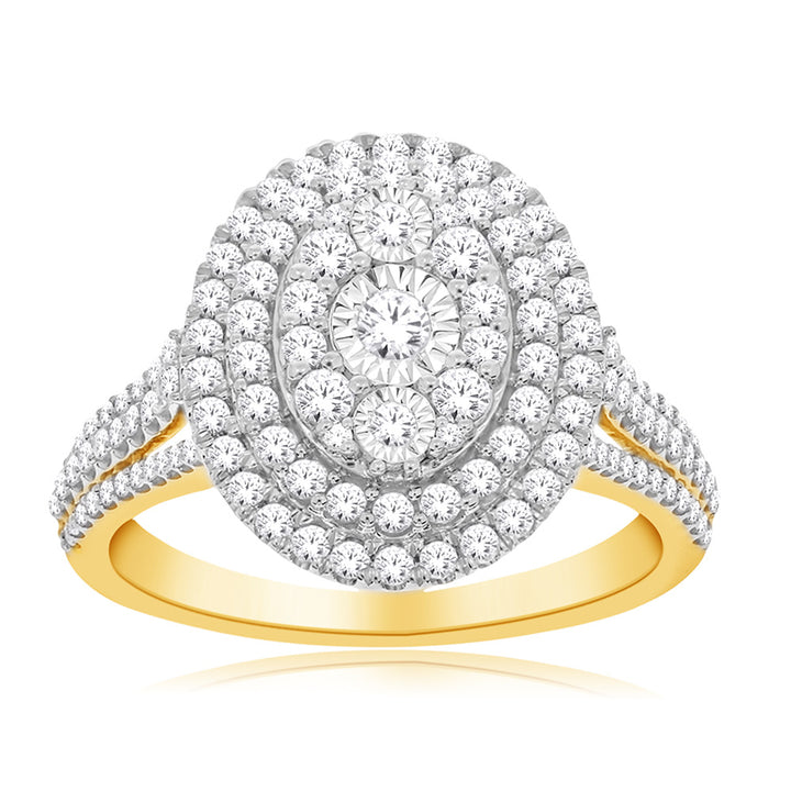 10ct Yellow Gold 1 Carat Diamond Oval Cluster Ring