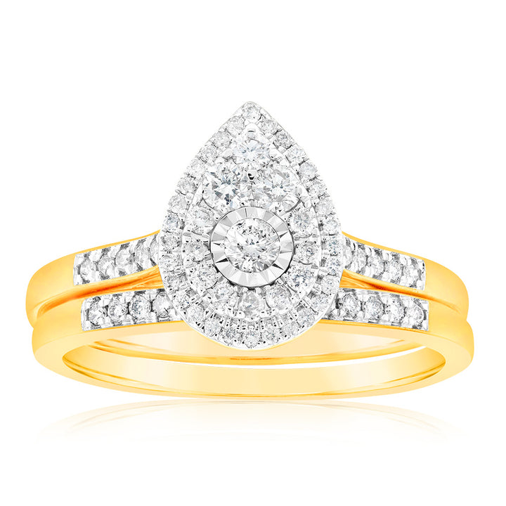 9ct Yellow Gold 1/2 Carat Cluster Diamond Bridal Set Ring