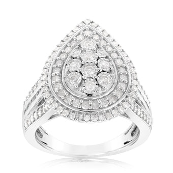 Sterling Silver 1 Carat Diamond Ring With 110 Brilliant & 22 Baguette Cut Diamonds