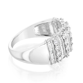 Sterling Silver 1/5 Carat Diamond Ring with Round Brilliant Cut and Baguette Diamonds