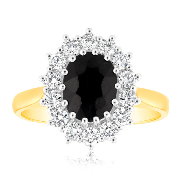 Luminesce Lab Grown 0.70Ct Diamond & 2.6Ct Natural Black Sapphire 9x7mm Ring in 9ct Yellow Gold