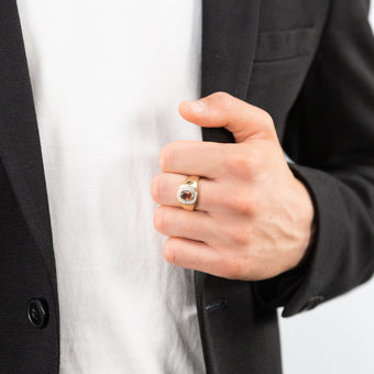 9ct Yellow Gold Garnet and Diamond Gents Ring