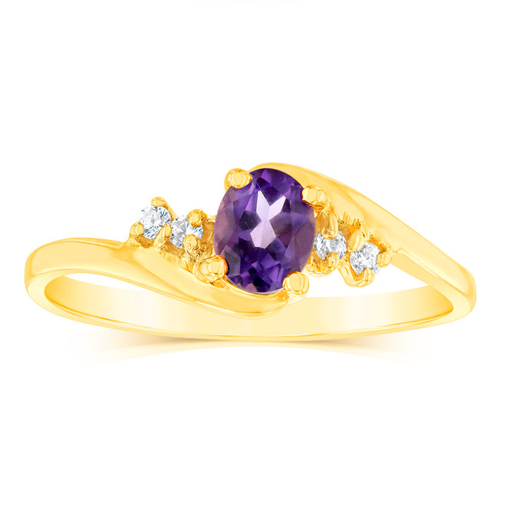 9ct Yellow Gold Amethyst + Cubic Zirconia Swirl Ring