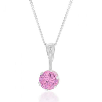 Sterling Silver Pink Cubic Zirconia Stud Earrings and Pendant on Chain Set