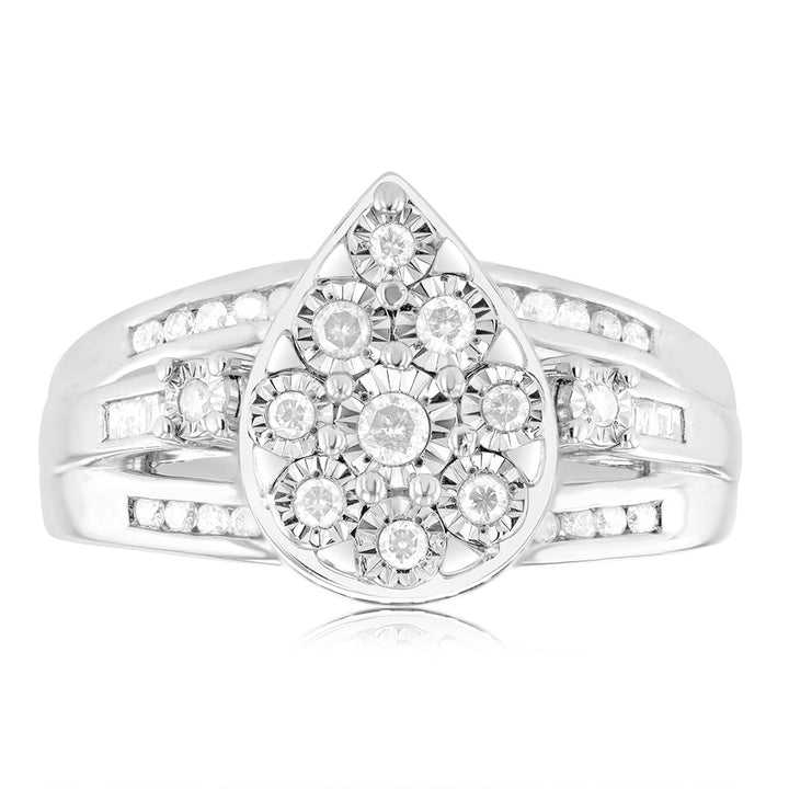 Sterling Silver 1/2 Carat Diamond Pear Shape  Cluster Dress Ring