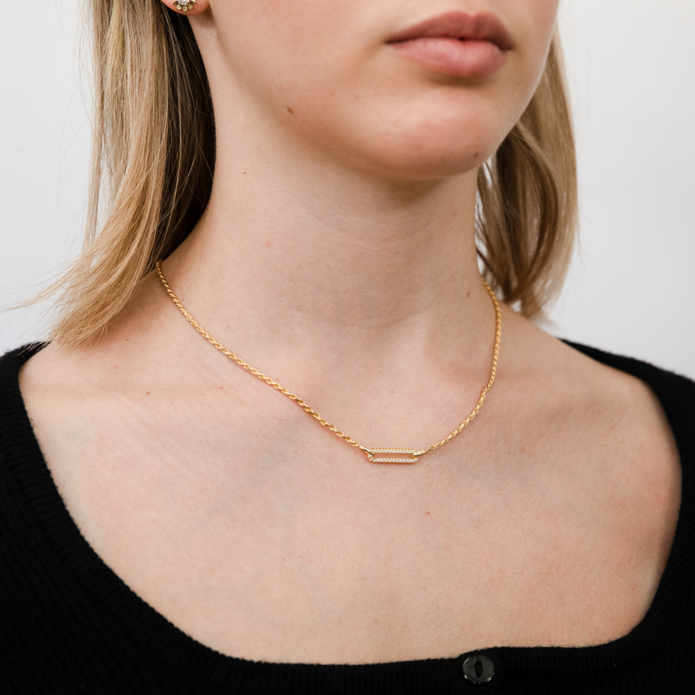Rectangle Bar & Crystal Pendant Necklace - Gold