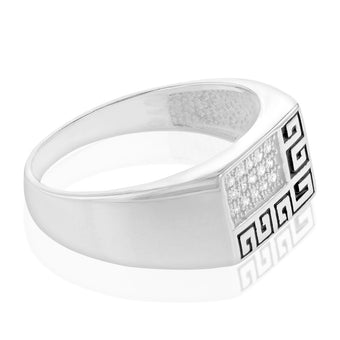 Sterling Silver Cubic Zirconia And Greek Pattern On Gents Ring