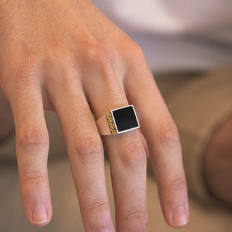 Sterling Silver Gold Plated Black Square Greek Pattern Gents Ring