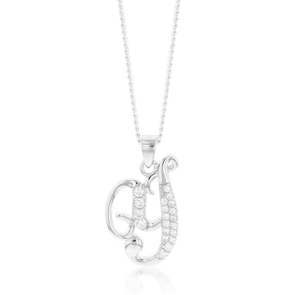 Sterling Silver Rhodium Plated Cubic Zirconia Script Y Initial Pend