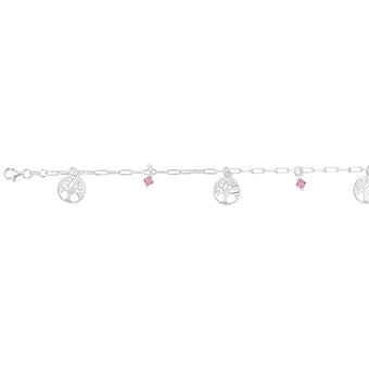 Sterling Silver Tree Of Life & Pink Charm 19cm Bracelet