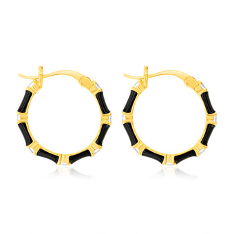 Sterling Silver Gold Plated Black Enamel And Zirconia 20mm Hoop Earrings