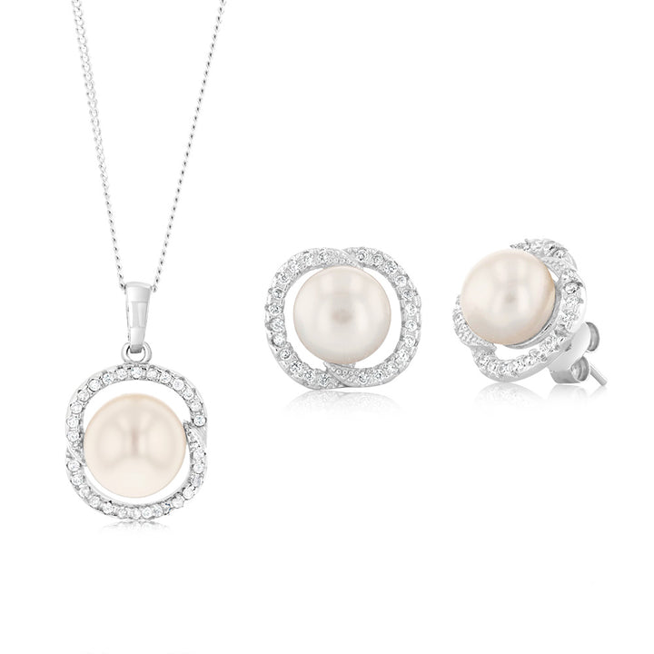 Freshwater Pearl and Zirconia Earrings and Pendant Gift Boxed Set.