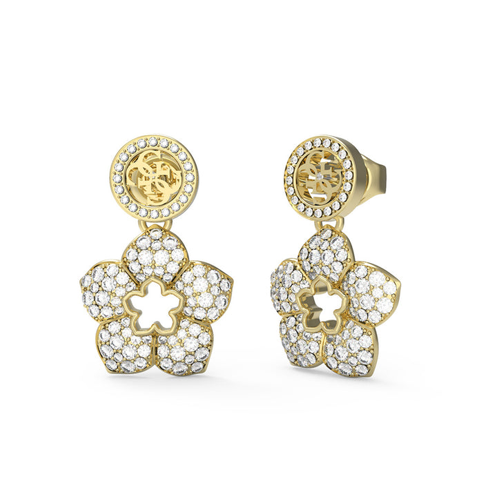 Guess Gold Plated Stainless Steel 4G And Pave Flower Drop Earrings