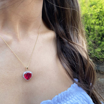 9ct Yellow Gold Created Ruby and Diamond Heart Pendant