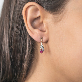 9ct Alluring Yellow Gold Created Ruby + Diamond Drop Earrings