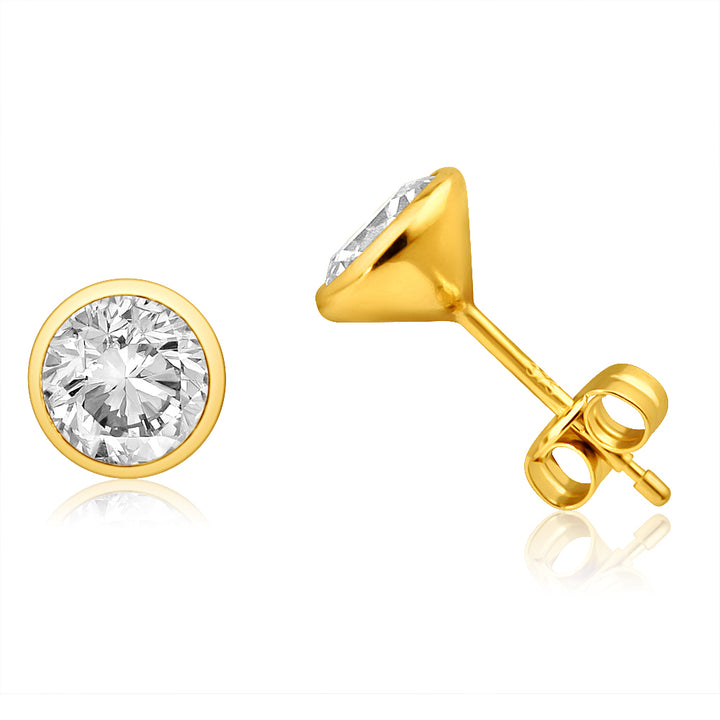 9ct Yellow Gold Bezel Set 6mm Cubic Zirconia Stud Earrings