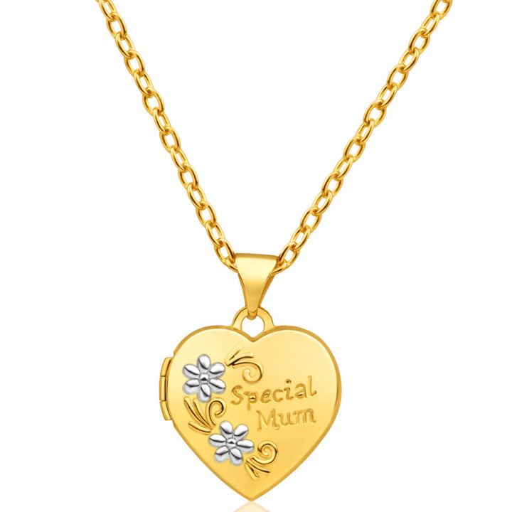 9ct Yellow Gold Heart Shaped Locket with 'Special Mum' and Flower Pattern